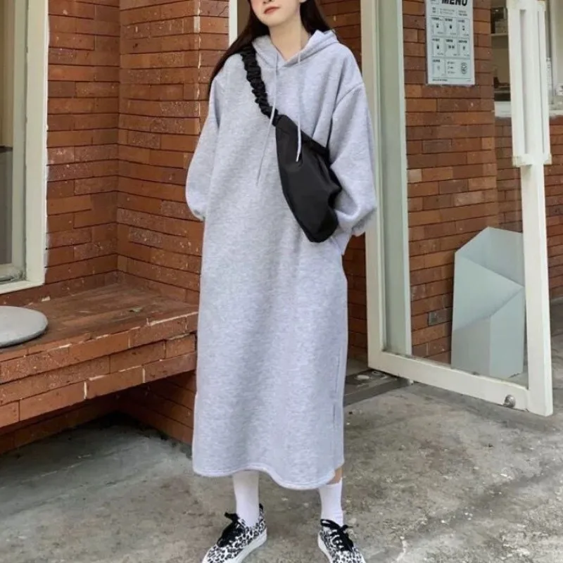 2023 Autumn and Winter Women's Hooded Drawstring Pockets Loose Solid Underlay Fashion Casual Elegant Commuter Long Sleeve Dress