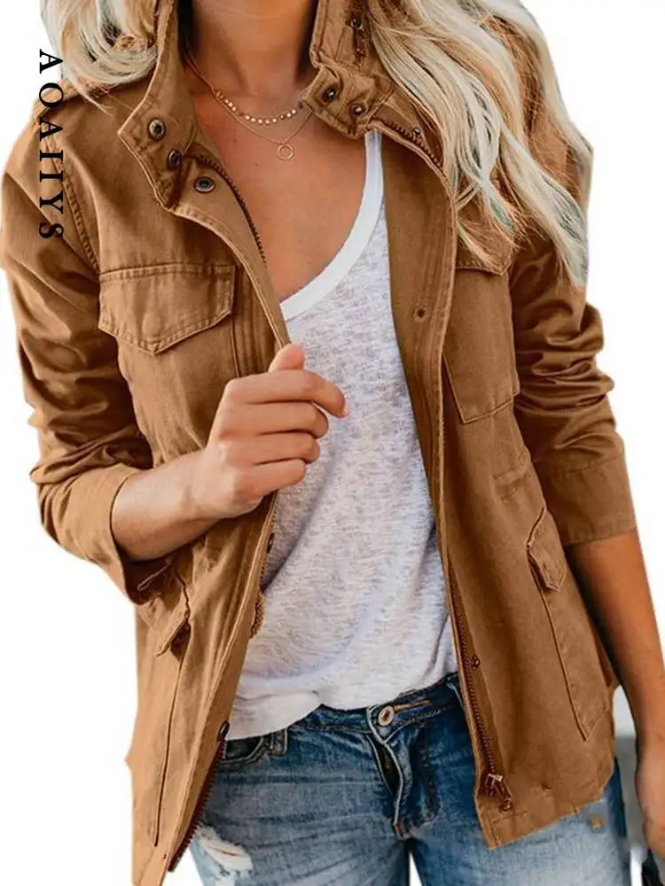 Fashion Women Korean Slim Long Sleeve Outerwear Spring Autumn New Zipper Pockets Solid Streetwear Jacket Coats
