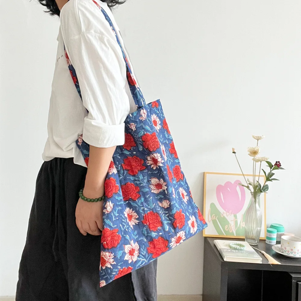 Retro Contrast Color Floral Women Cotton Shoulder Bags Lightweight Versatile Ladies Thin Bag Portable Girls Handbags Tote