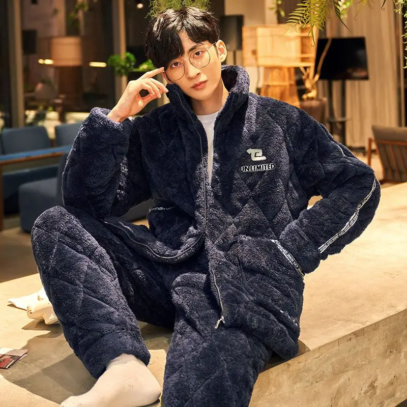 Thickened Coral Fleece Men Pajamas Set PLUS SIZE Sleepwear Winter Warm Flannel Pijamas Suit Nightwear Loose Casual Lounge Wear