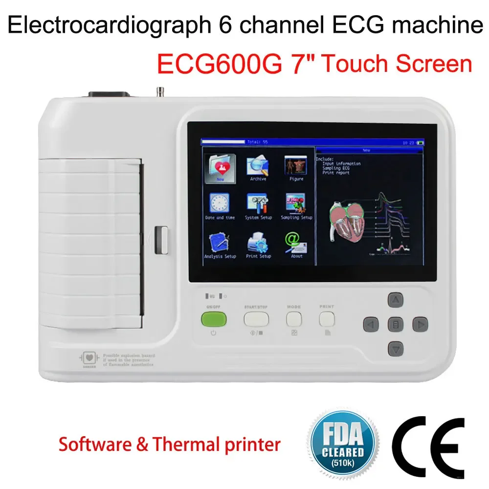 

ECG600G Portable Digital Electrocardiograph 6 Channel 12 Lead Touch Screen EKG Monitor ECG Machine with Software Printer