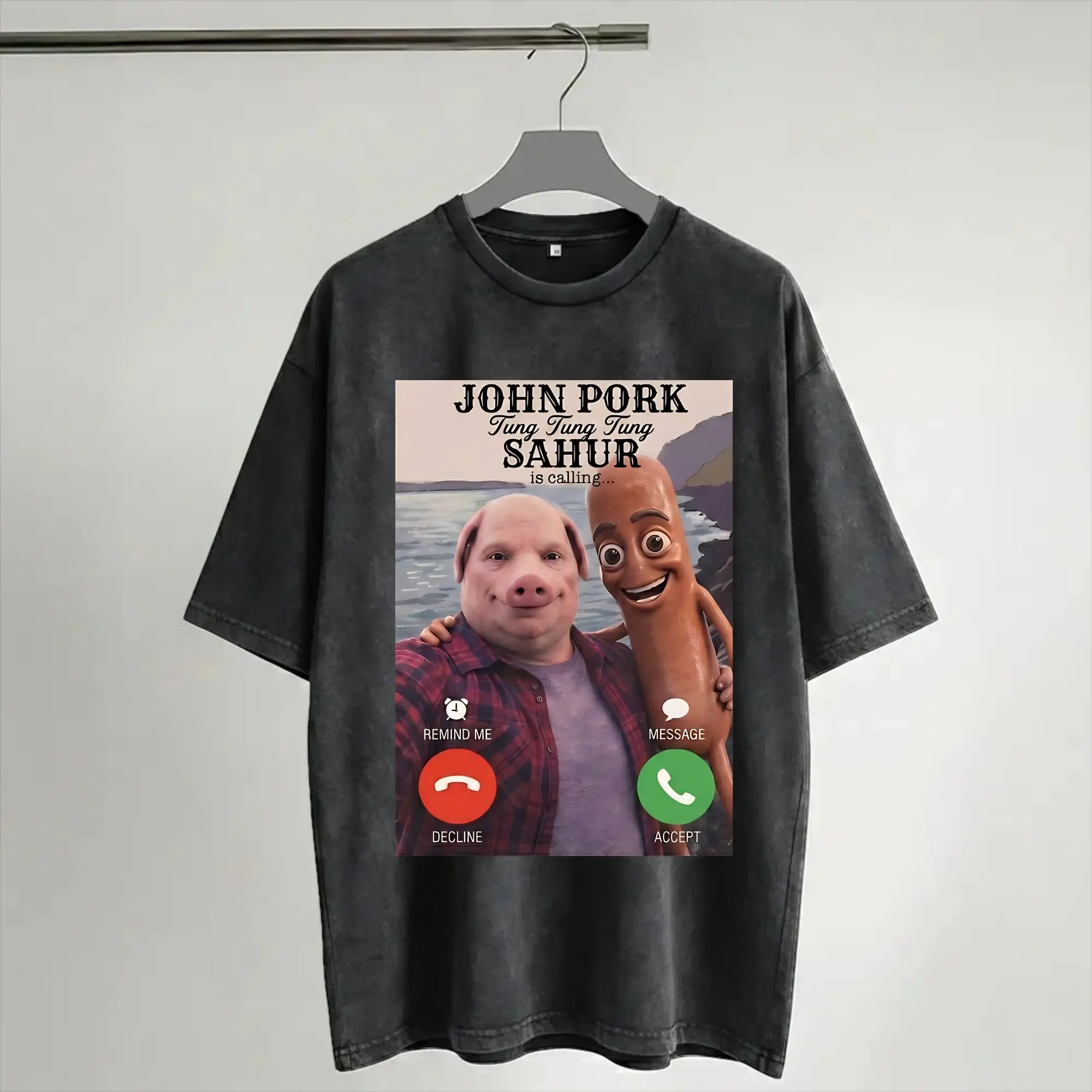 Graphic Printed John Pork Tung Sahur Calling Brainrot Meme Washed Shirts Accessories Oversize T-Shirts  for Men Women Tee