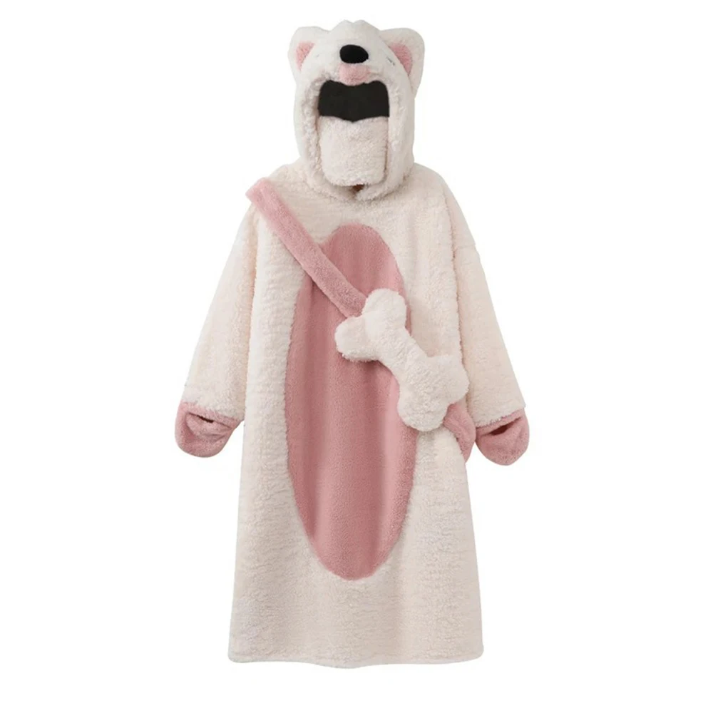 

Fluffy Plush Flannel Hooded Pajamas Dress Sweet Pink Dog Cartoon Nightgown Oversize Loose Women's Nightdress White Animal Pyjama