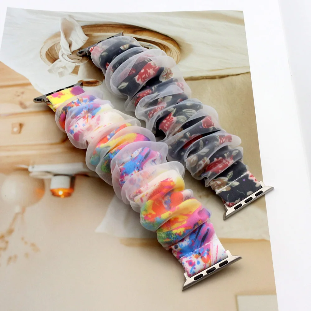 Pulseira de Organza para Apple Watch, Bracelete Feminino para Smartwatch, Pulseira de Tecido de Camada Dupla para iWatch