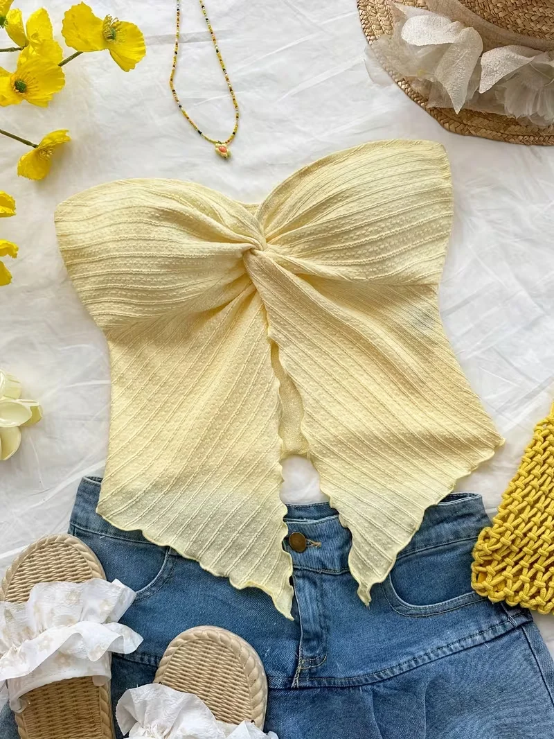 قميص علوي نسائي ذو نسيج ملتوي من الأمام على طراز العطلة #1