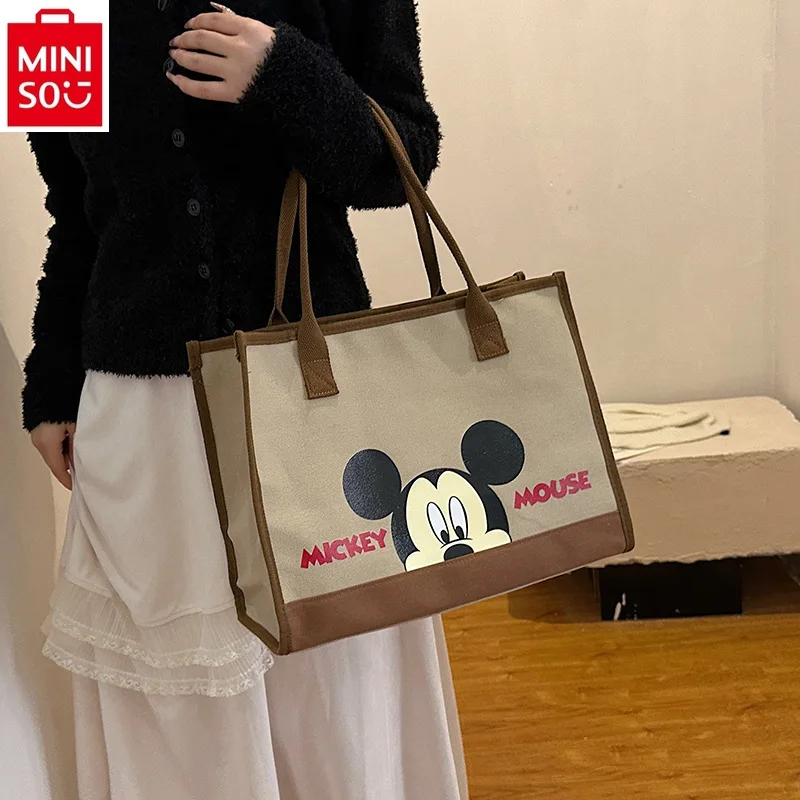 MINISO Disney Large Capacity Canvas Bag Women's Cartoon Mickey Handheld Shopping Bag Student Commuter Tote Bag