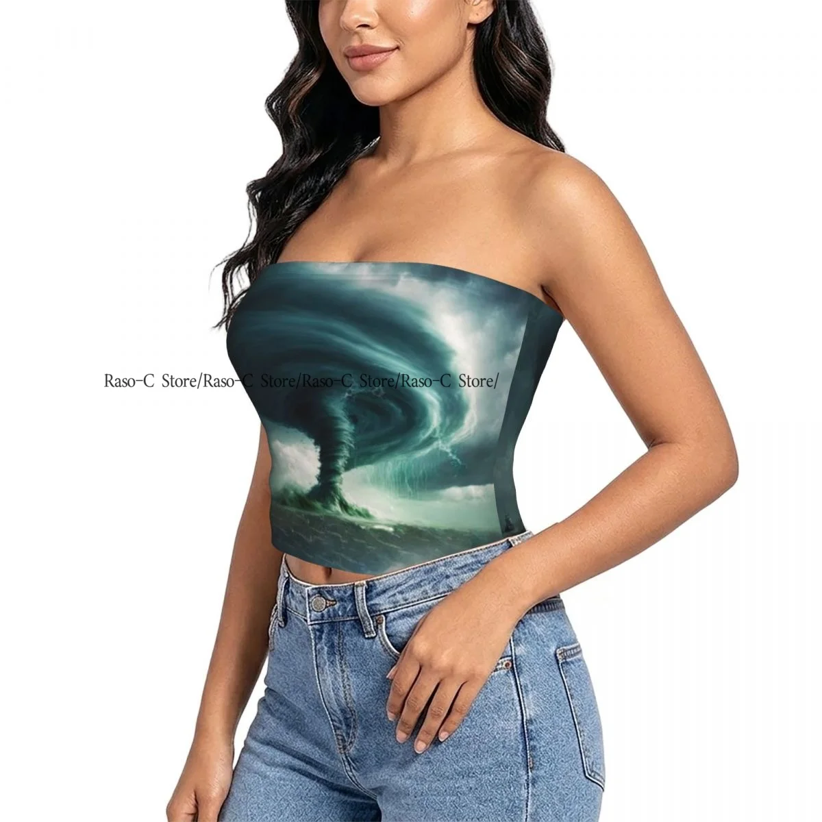 Women Block Crop Slim Tube Top Huge Tornado Twister In Sea Water Strapless Top For Summer Female Clothing