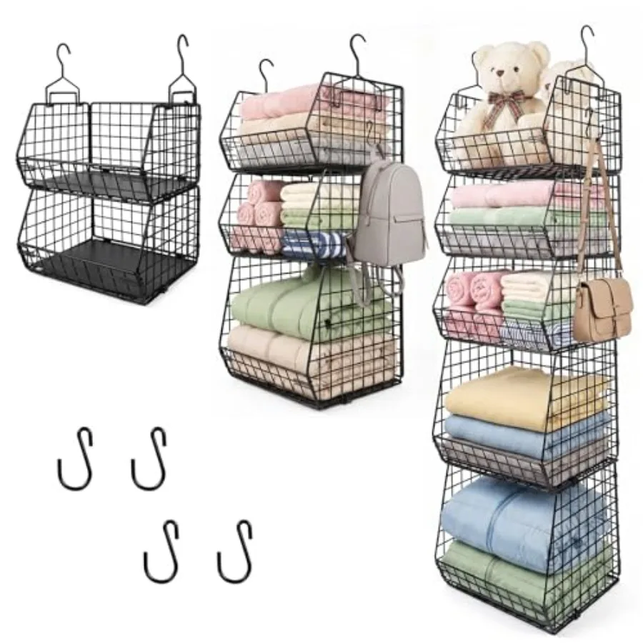 

5 Tier Metal Hanging Closet Organizer with 2 Extra Tall 12" Storage Baskets 3 Standard 8" Wire Baskets Heavy Duty Foldable Clos
