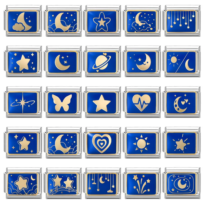 WG 1pc Italian Module Bracelet Blue Star Moon Universe Star Charm Pendant Fit DIY Module Rings Necklace Jewelry