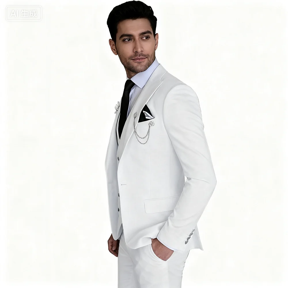 

Elegant Rose Red 3-Piece Slim Fit Men's Suit Double Breasted Blazer Vest Pants Set for Wedding Groom Tuxedo Business Party