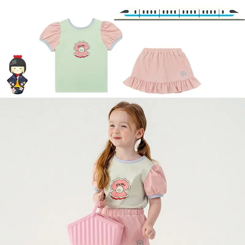 

Jenny&Dave 2023 Summer New Product Girl Cute Middle and Young Children's Shell Printed Bubble Sleeves Short sleeved T Skirt Set