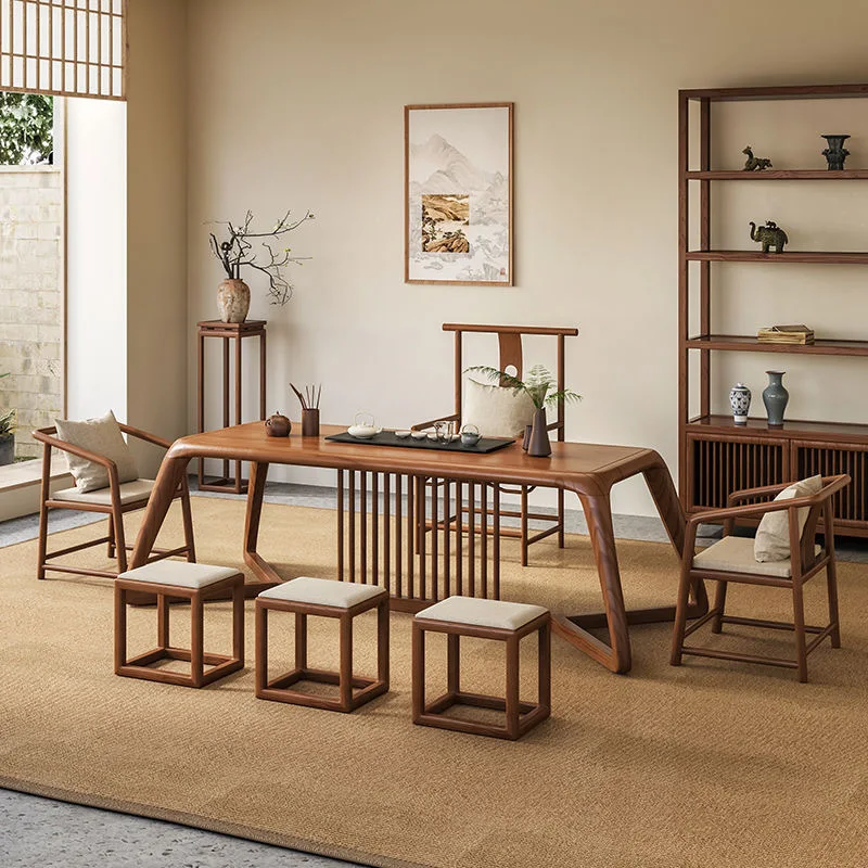 

New Chinese solid wood tea table and chair combination living room home office log tea table simple zen kung fu