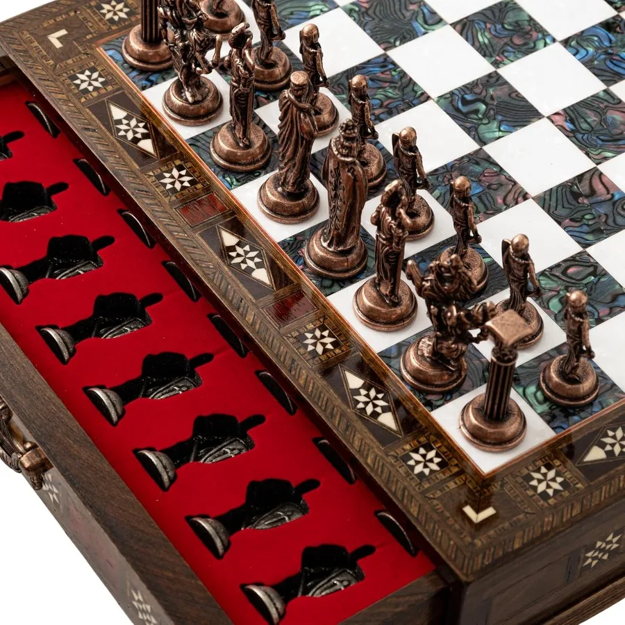 

15'' Unique Handmade Wooden Chess Set with Metal Pieces and Purple Storage Board Luxury Gift for Men and Collectors