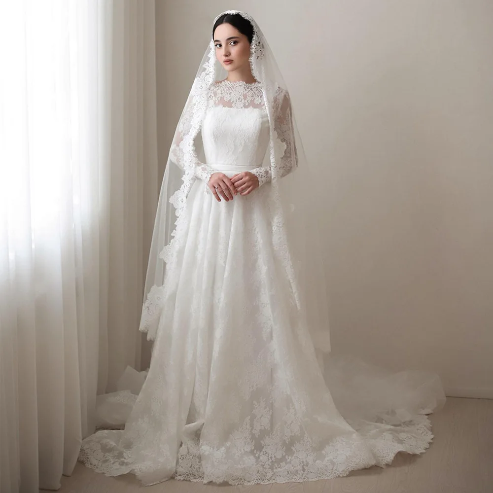 Luxury Lace Wedding Dress Customized Long Sleeves Round Neck Sweep Train A Line Muslim Bridal Gown Robe De Mariee Bride Dresses