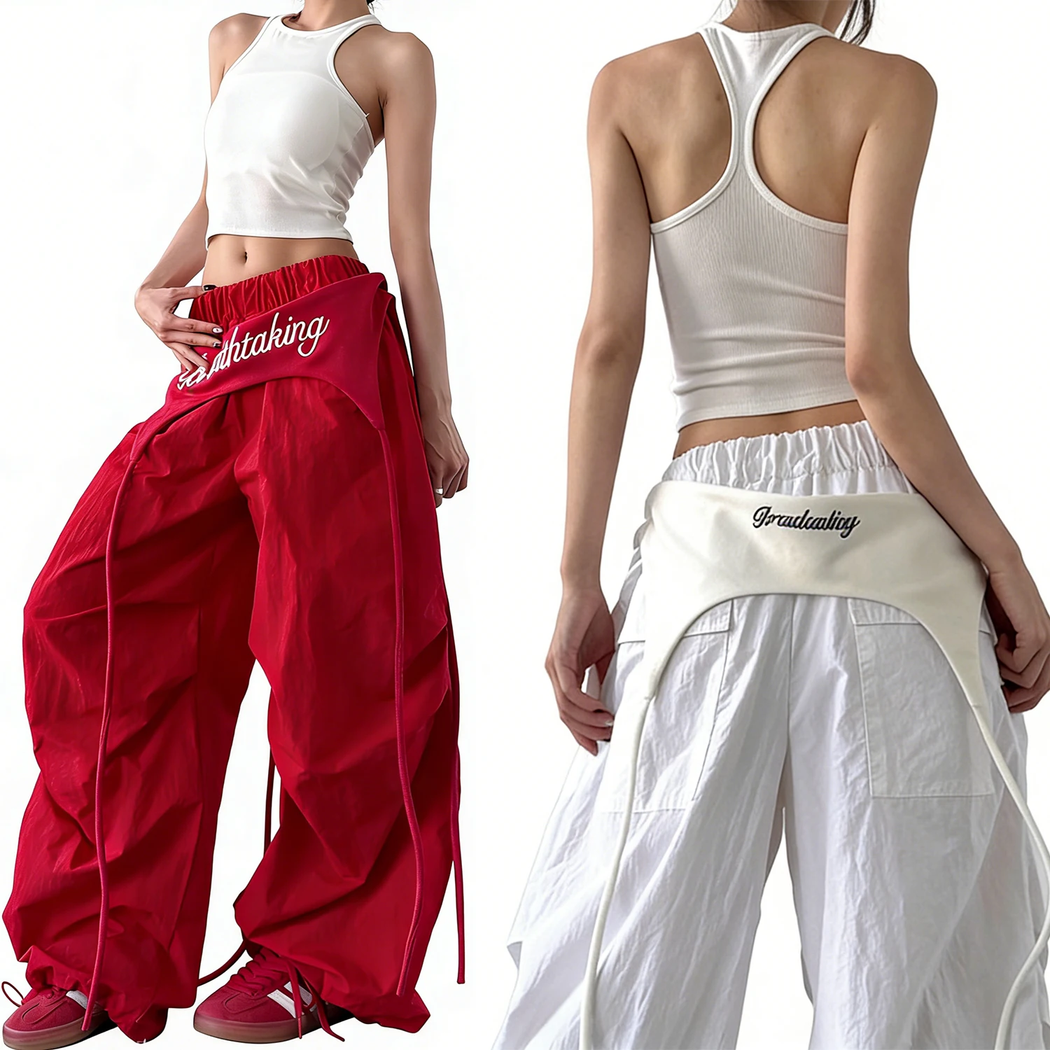 Pantalones de baile estilo Y2K para mujer, diseño de tirantes cruzados, ropa informal de calle, pantalones cargo de pierna ancha para baile de Hip Hop, coloridos