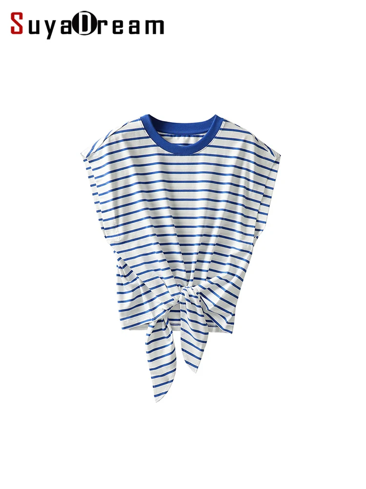 

SuyaDream Women Stripes T Shirt, Round Neck, Bat Sleeves Chic Cotton Shirt. 2025 Spring Summer Crop Top