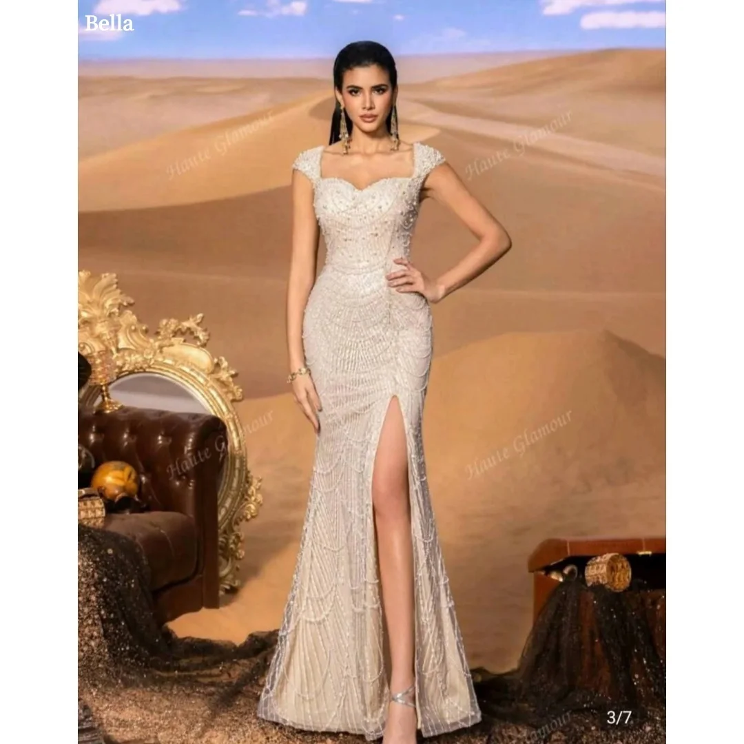 벨라 맞춤 비즈 장식 머메이드 사이드 슬릿 파티 드레스 스파게티 스트랩 백리스 플로어 길이 프로미 드레스 2025