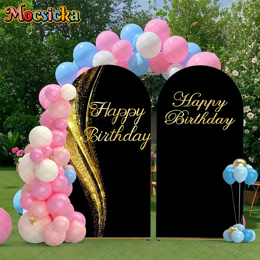 Mocsicka Black Gold Arch Backdrop Covers Baby Shower Happy Birthday Photo Arched Background Soft Fabric Double-Sided Party Decor