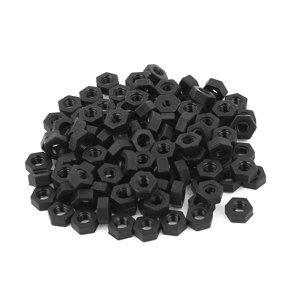 M3 Thread Insert Lock Fixação Parafuso, Nylon Nuts, Hexagonal Preto, 100 pcs