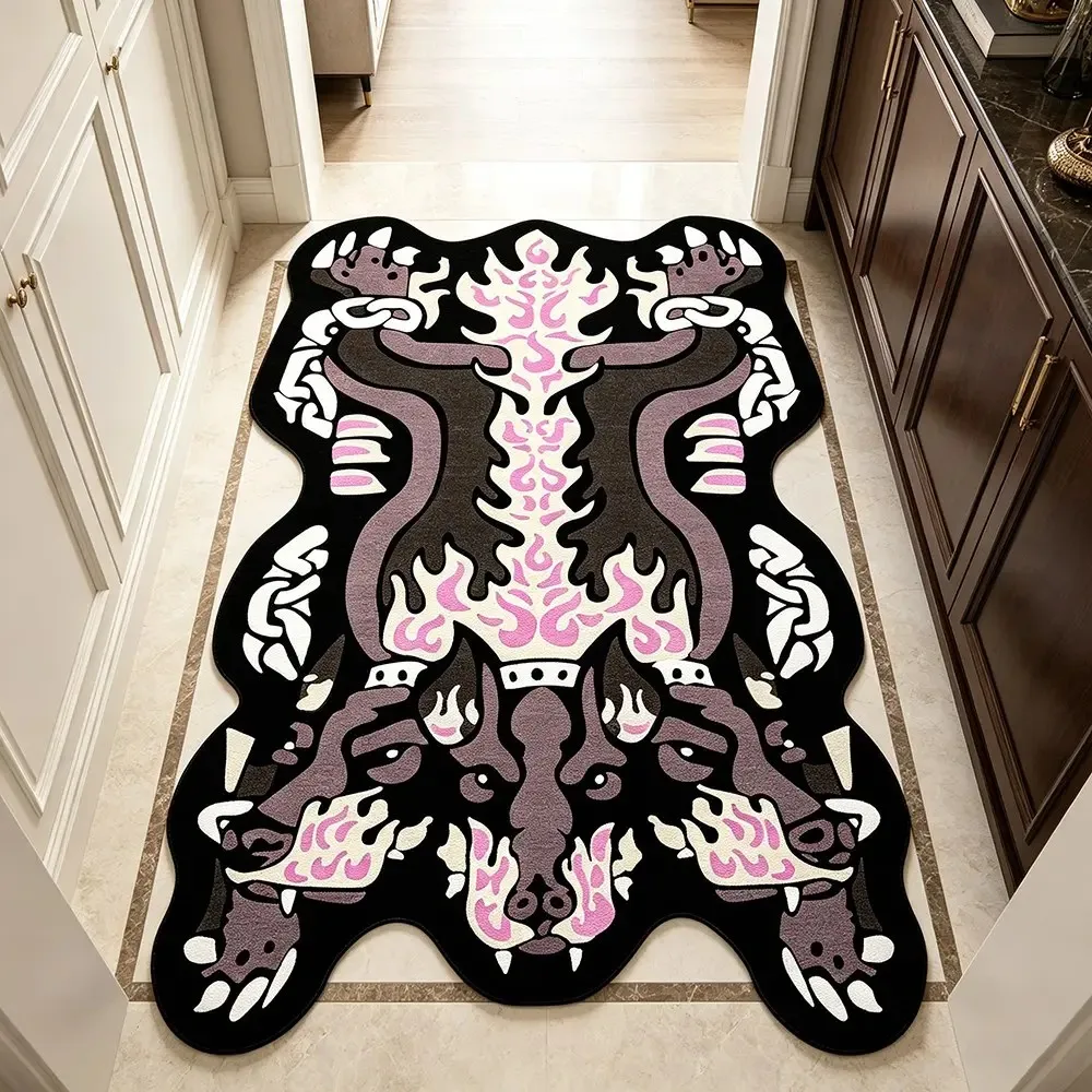 Cerberus Three Headed Dog Irregular Shaped Area Rug Flame Chain Print Non‑Slip Floor Mat for Living Room Bedroom Home Decor
