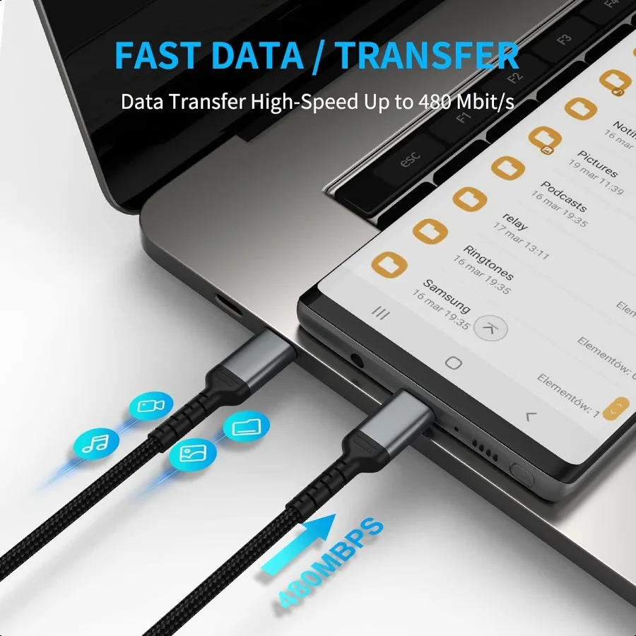 سلك شاحن USB C مقاس 6 بوصات مكون من قطعتين كابل USB C إلى C قصير مضفر للشحن السريع كابل USBC متوافق مع iPhone 15 Samsung Gala