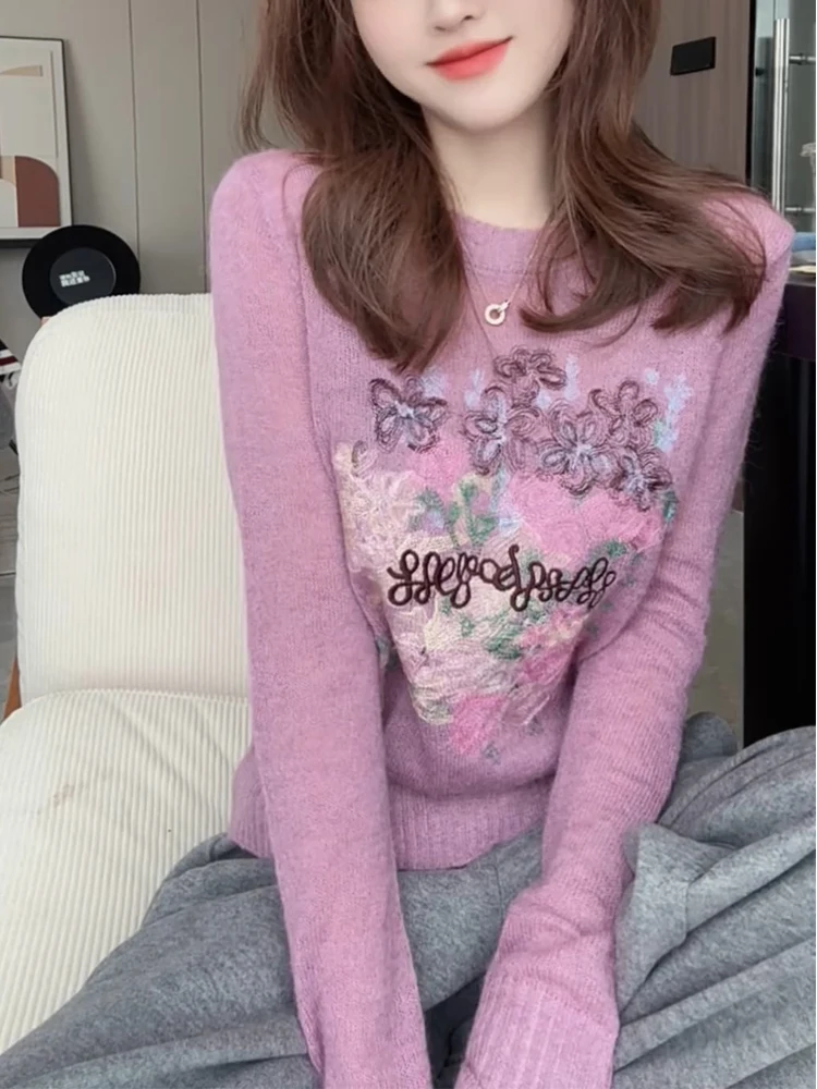 

Корейский женский трикотаж, мягкая утягивающая верхняя одежда с цветочной вышивкой, весна 2024, большие размеры, Camere Long Sve, круглый Ne