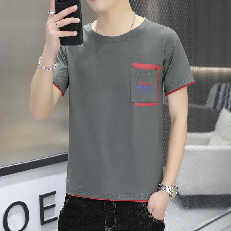

2023 Men's Clothing Fashion Casual Loose Pullovers Straight Man Round Neck Simplicity Handsome Short Sleeve Patchwork T-Shirts