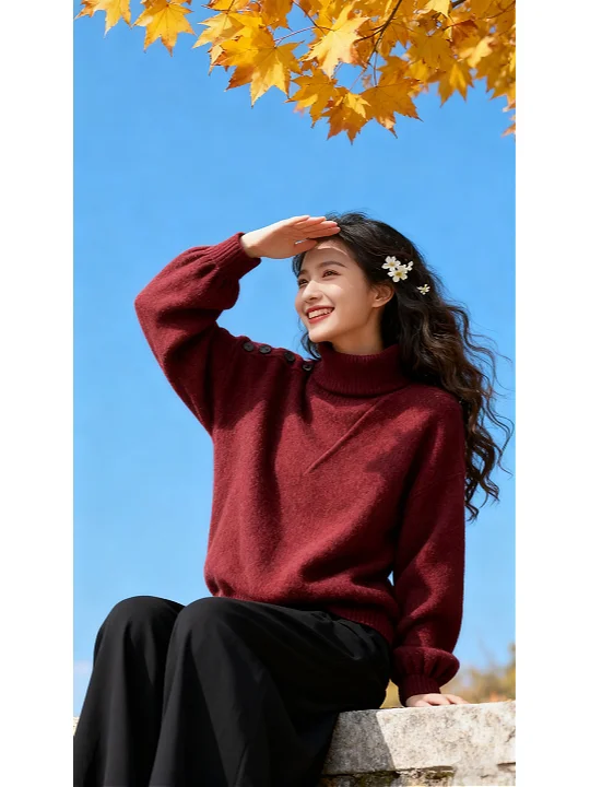 

Корейский винтажный красный вязаный свитер с высоким воротником, зима 2025, новый женский модный универсальный трикотажный топ