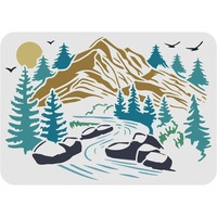 Mountains View Stencils 11.7x8.3 inch Plastic Valley Pine Tree Drawing Painting Stencils River Sun Birds Wall Stencils