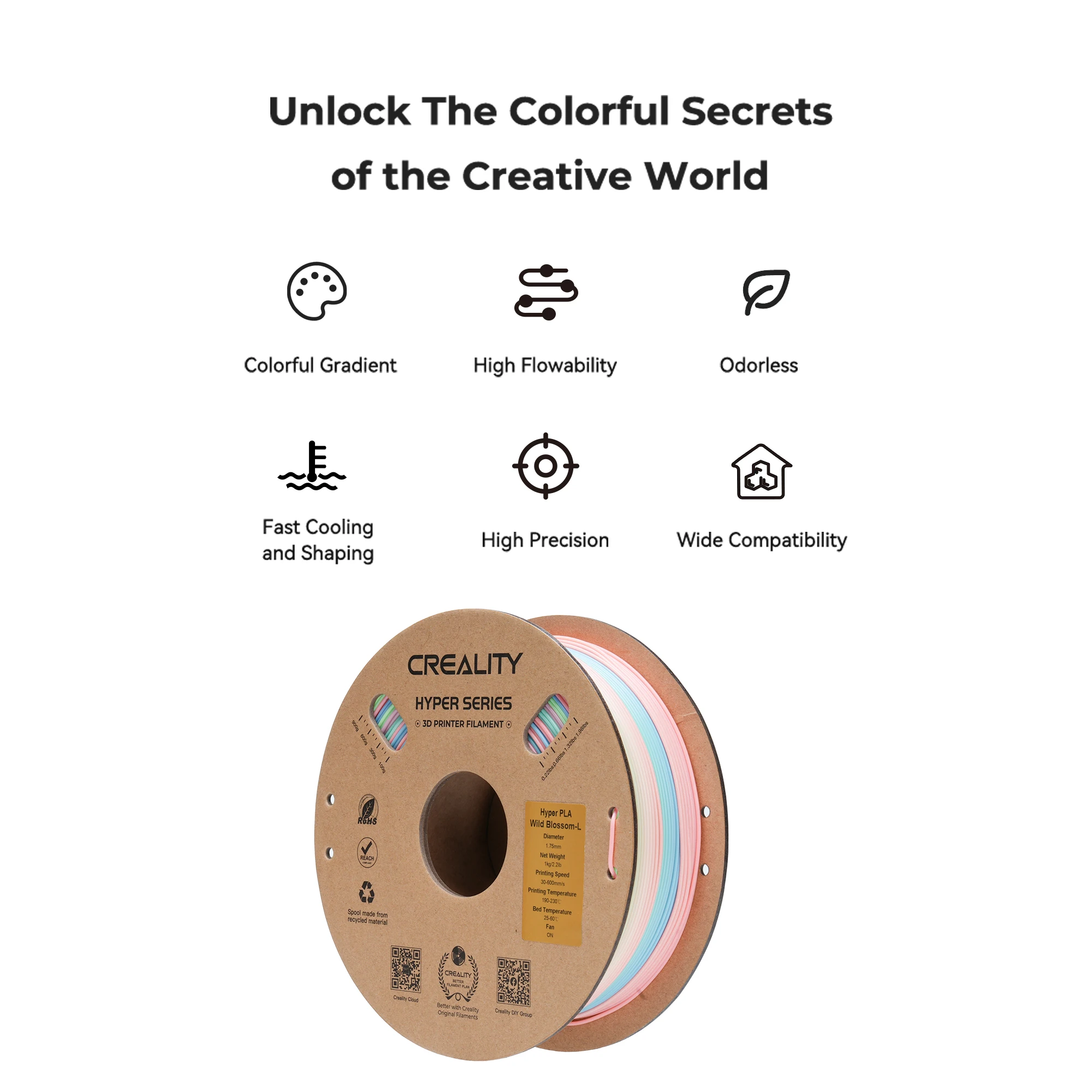 

Creality Hyper PLA Filament Rainbow 1.75mm 30-300mm/s High Speed 3D Printer Filament Dimensional Accuracy +/- 0.02mm 1KG(2.2lbs)