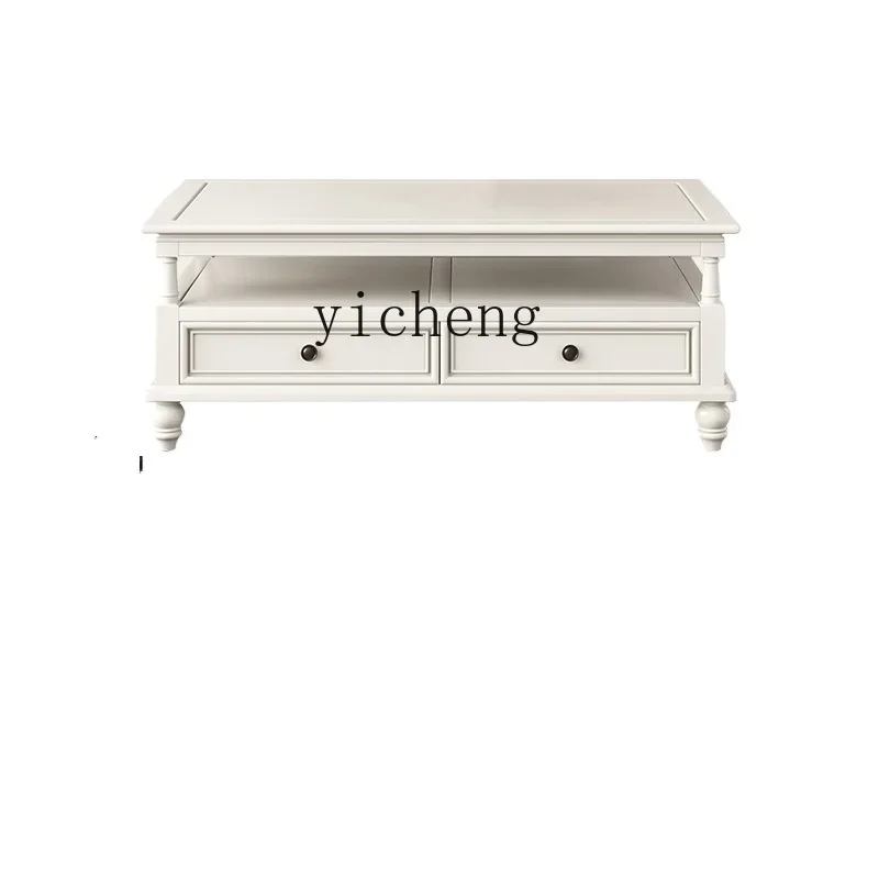 TQH white coffee table TV cabinet combination living room pure solid wood ivory white double-layer small apartment tea table