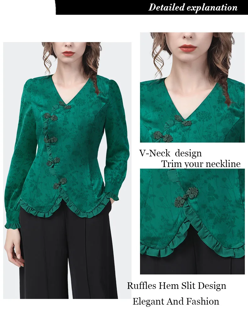 Vintage Women\' Long Sleeve Green Jacquard Blouse Elegant Slim V-Neck Irregular Button Tops 2022 Autumn New Ladies Casual Shirts