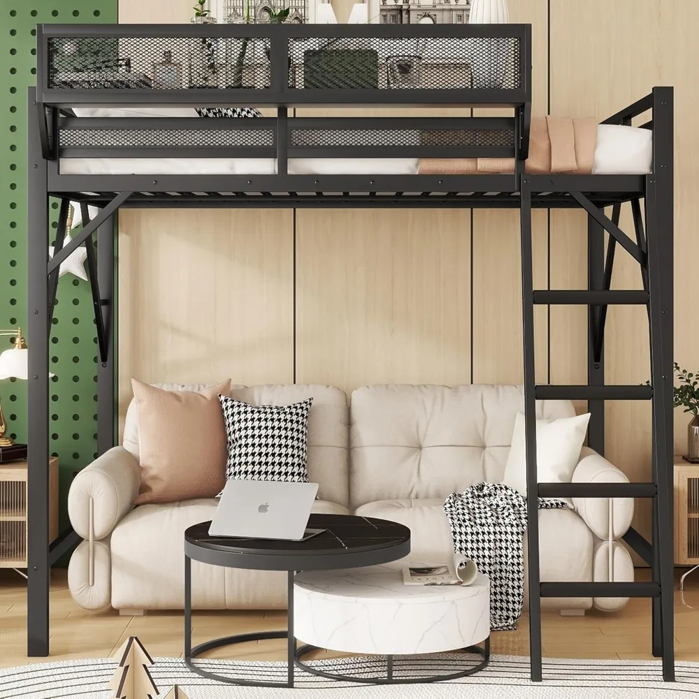 هيكل سرير علوي معدني بحجم كوين من KEIKI مع سلم وأرفف تخزين مدمجة، للمراهقين، سرير علوي على الطراز الحديث مع شريحة صلبة