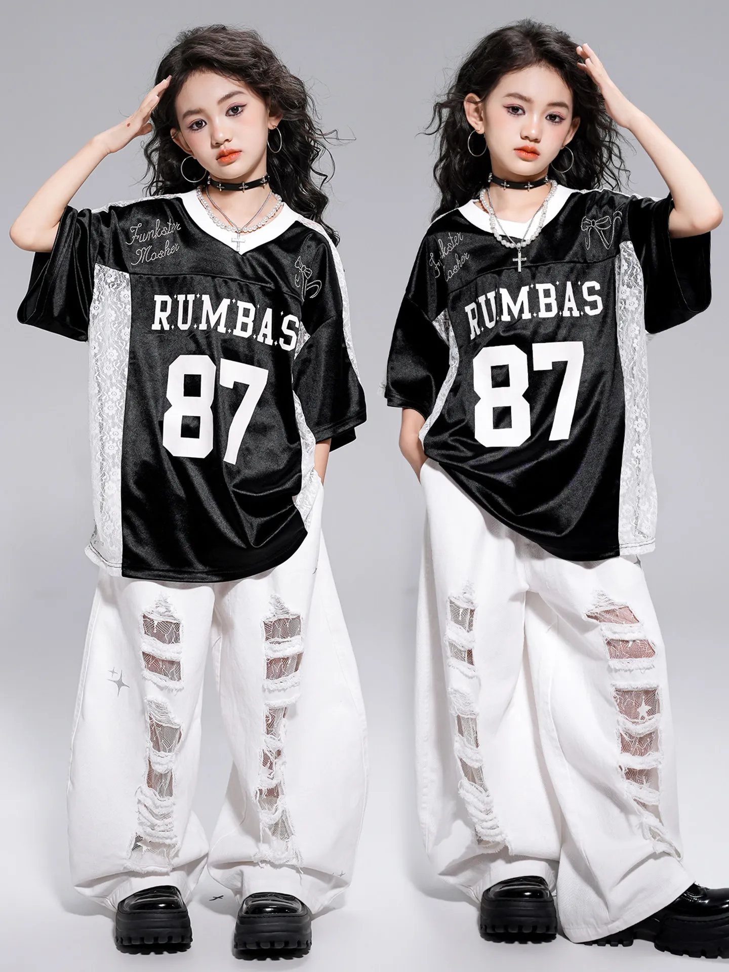 Girls Hip Hop Street Dance Outfit Black Short Sleeve T-Shirt White Ripped Jeans Kpop Jazz Dance Costume Kids Stage Performance