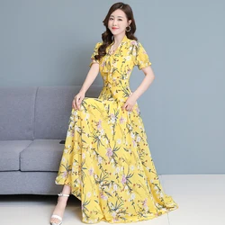 Bohemian Dresses For Women 2024 Fashion Elegant Short Sleeve Holiday Beach Chiffon Maxi Dress Yellow Vintage Floral Long Dress