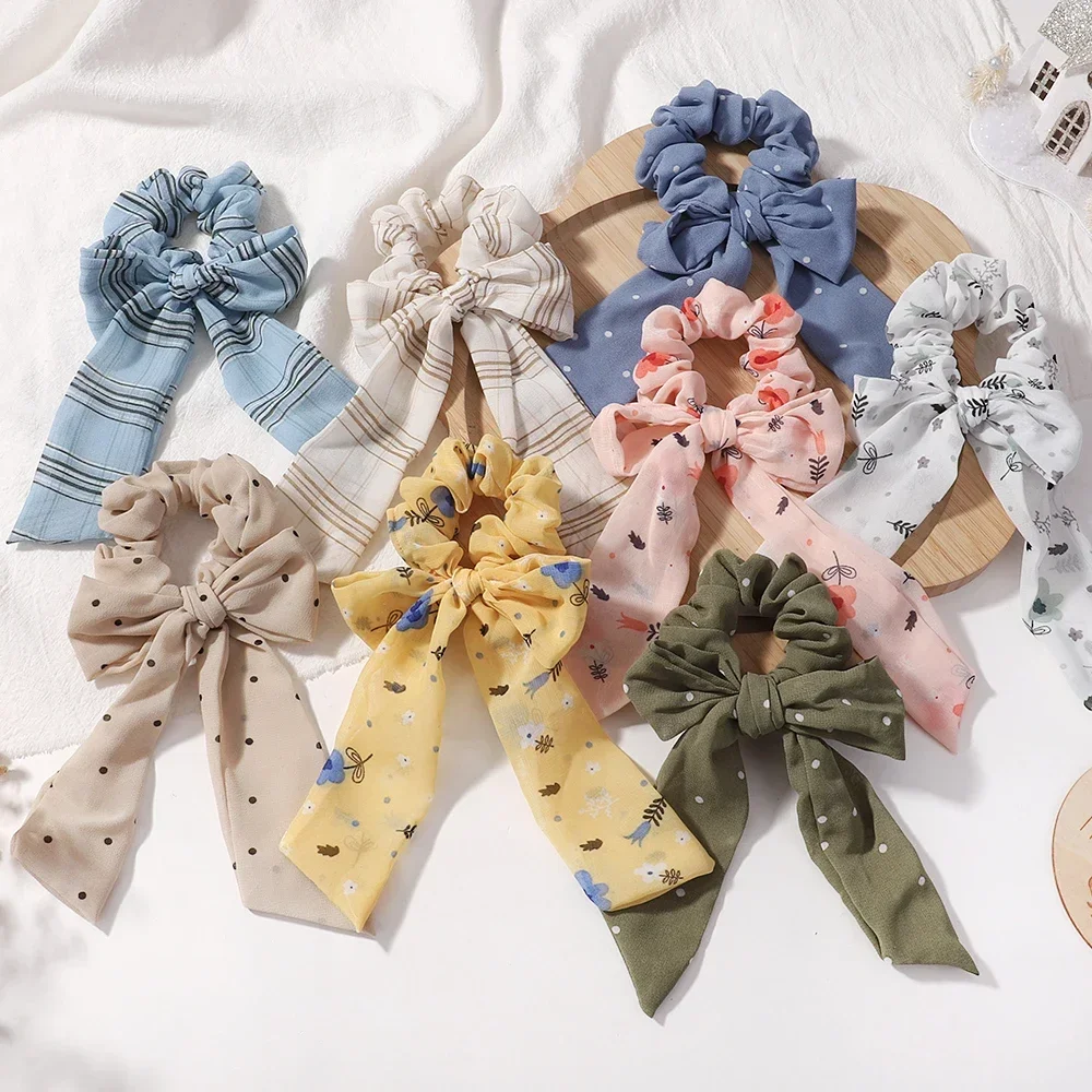 Fashion Solid Color Bow Satin Long Ribbon Ponytail Scarf Hair Tie Scrunchies Women Girls Elastic Hair Bands Hair Accessories