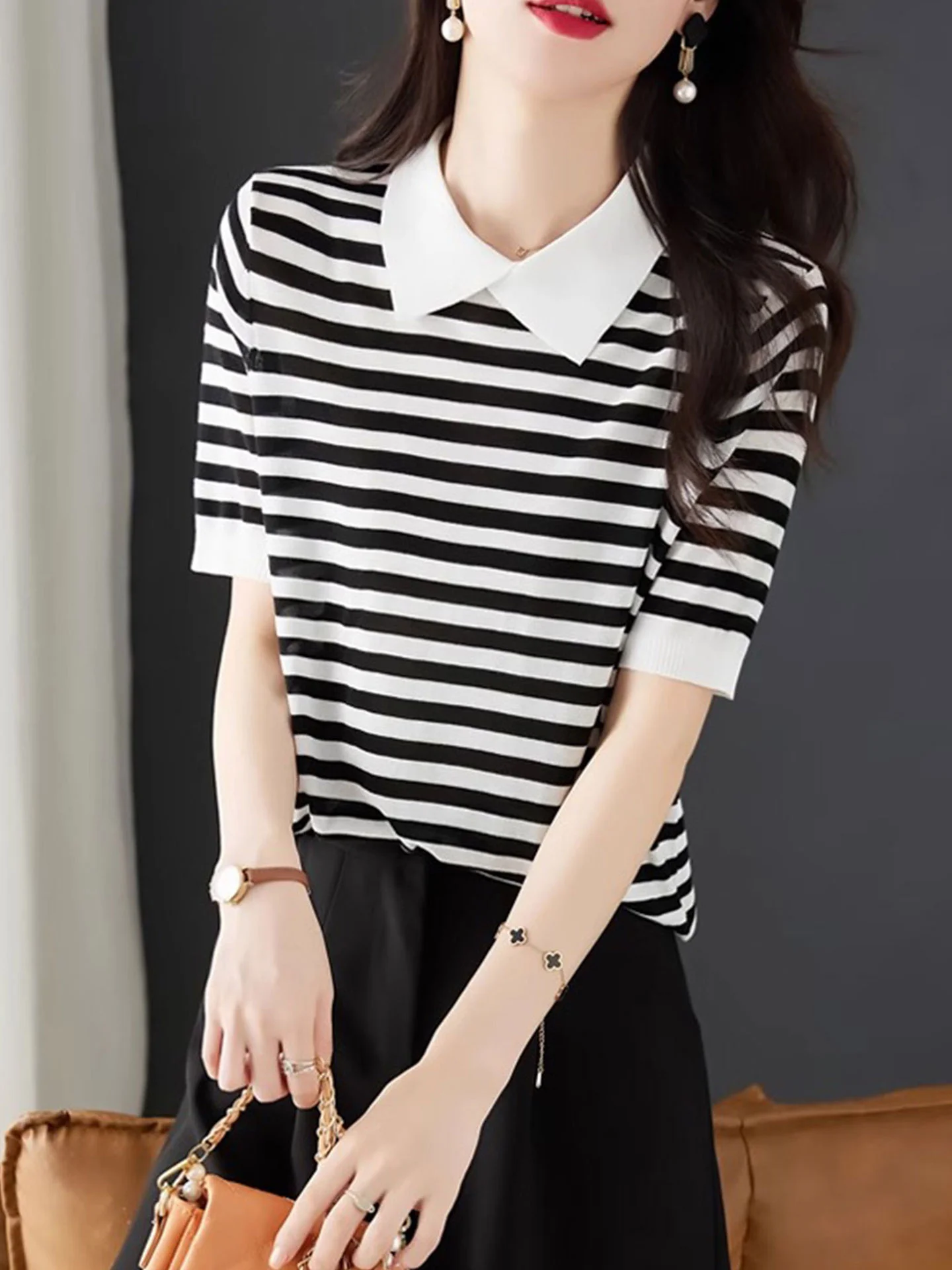 

Элитный европейский бренд: вязаный пуловер с воротником-стойкой, классический полосатый дизайн, корейский стиль, прямой крой, для повседневной носки.