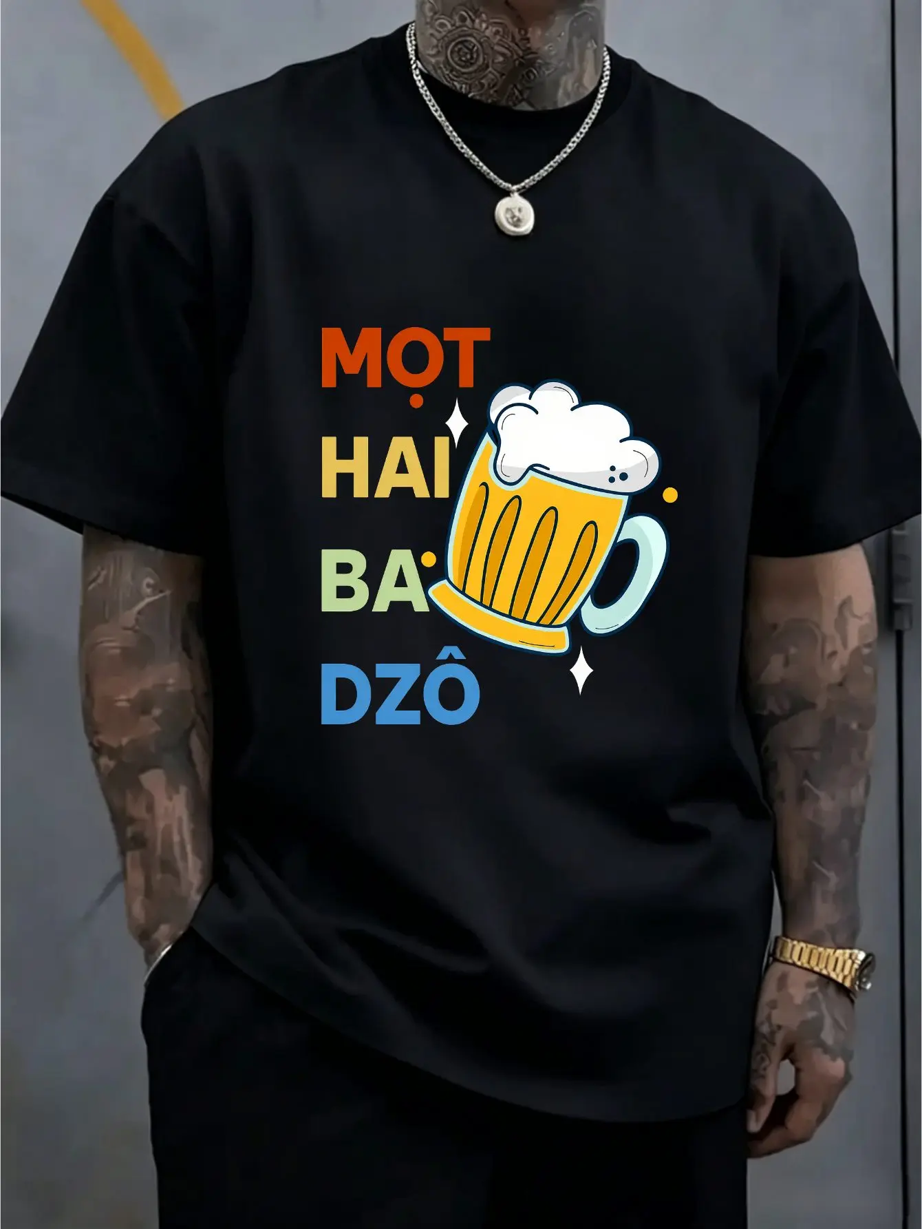 Men Vietnamese Beer Mug Print Tee Cotton Loose Short Sleeve Bar Party Casual Top Male Holiday Summer Daily Street Outfit