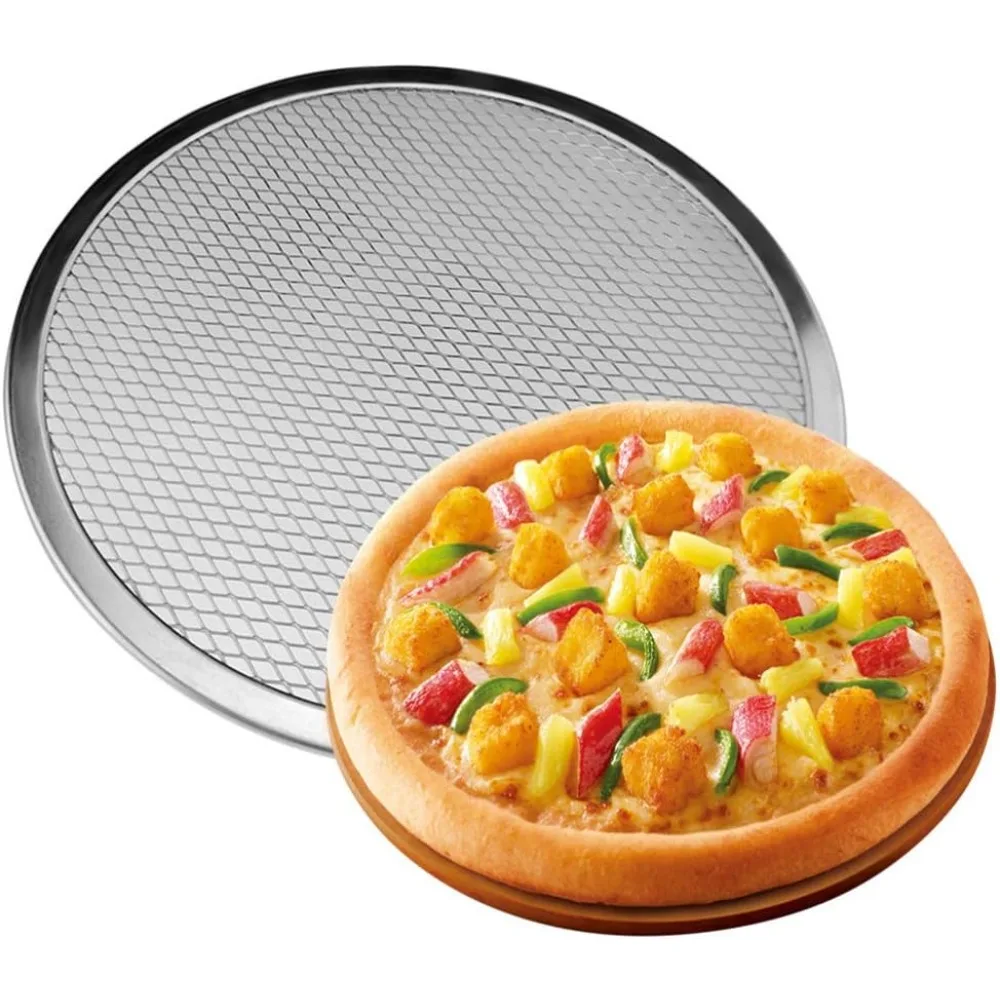 Steel pizza pan, non-stick pizza pan, baking pan, round metal mesh, perforated mesh pan, oven safe