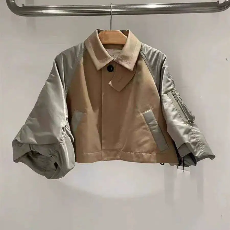 SAC 25 Spring Japanese lapel splicing contrasting sweater loose horn sleeve short jacket