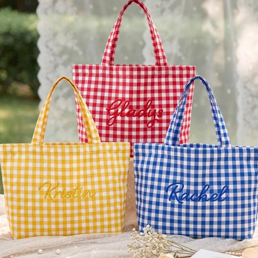 Custom Personalized Embroidered Name Gingham Plaid Tote Bag Multicolor Mini Handbag Bridesmaid Gift for Bachelorette Weekend