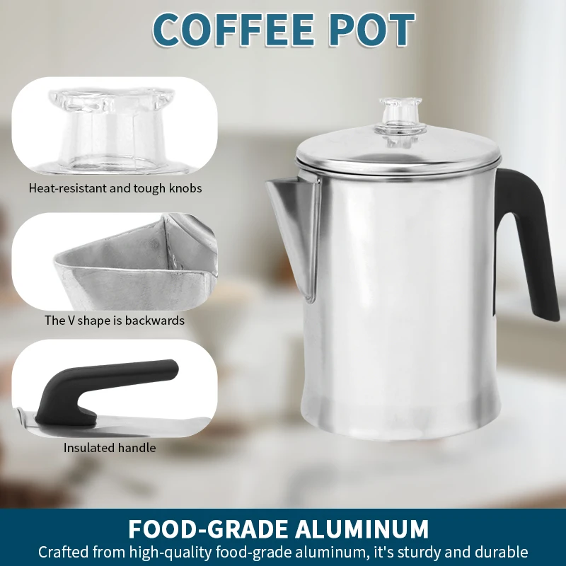 

Coffee Pot 1.8L, Aluminum Percolator Stovetop Espresso Maker with Filter for Outdoor Home Use, Easy Clean & Portable Design