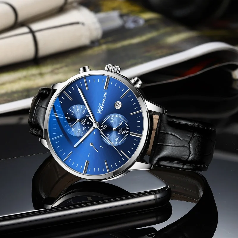 CHENXI 971 relojes de cuarzo a la moda para hombre, elegante correa de cuero, cronógrafo resistente al agua, calendario, reloj de pulsera informal luminoso para hombre