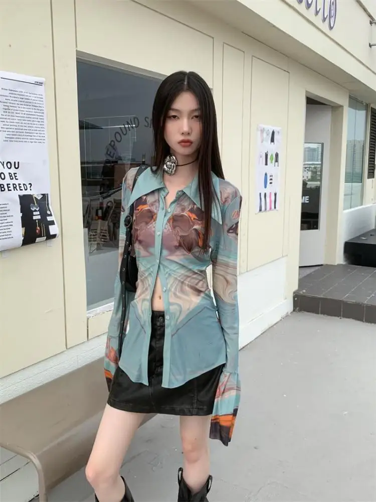 Yedinas Streetwear Patchwork Blouse Women Long Sleeve Mesh Tops See Through Chic 2023 Autumn Slim Unique Y2k Ladies Shirts