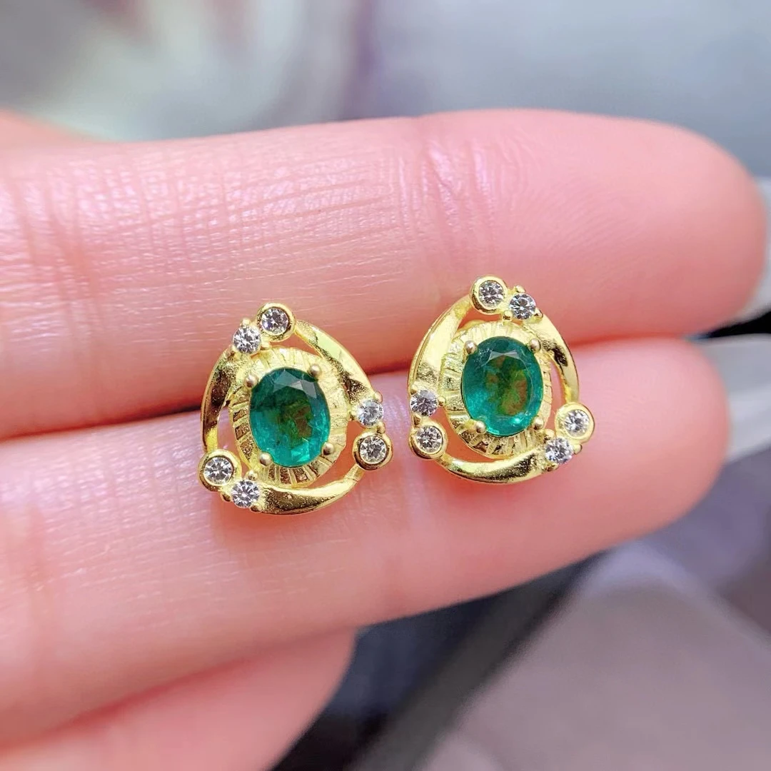 

Prevent Allergy 925 Silver Emerald Earrings 4mm*5mm Total 0.6ct Natural Emerald Stud Earrings with 3 Layers 18K Gold Plated