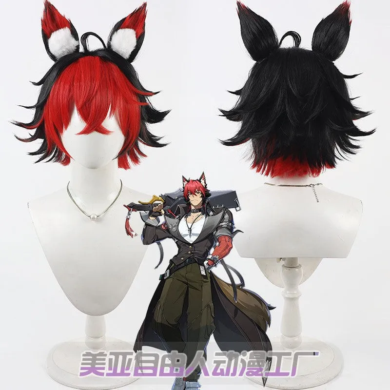 

Game Zenless Zone Zero Komano Manato Cosplay Wig Black And Red Short Cosplay Hair with Ears For Comicon Party Adult Women Men