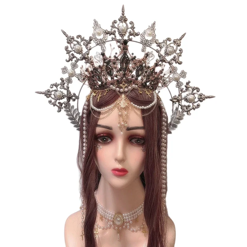 Couronne gothique Halo Lolita, magnifique soleil, chaîne de perles de la vierge marie, couronne Halo noire, couvre-chef d'halloween, accessoires pour cheveux