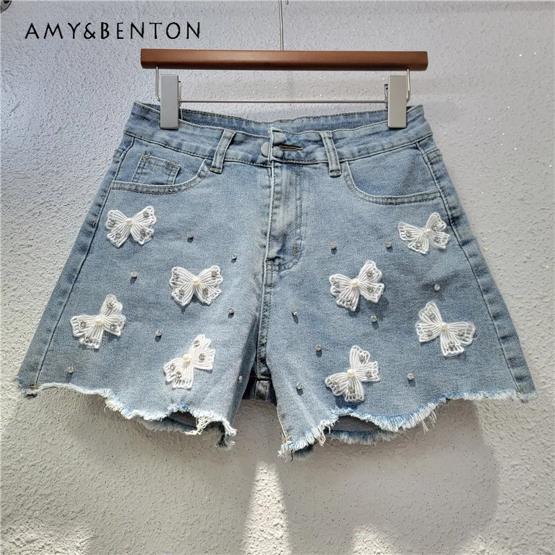 

Unique Design Heavy Beaded Denim Shorts Summer High Waist A-Line Wide Leg Jeans Women's Slim Fit Casual Daily Trendy Short Pants