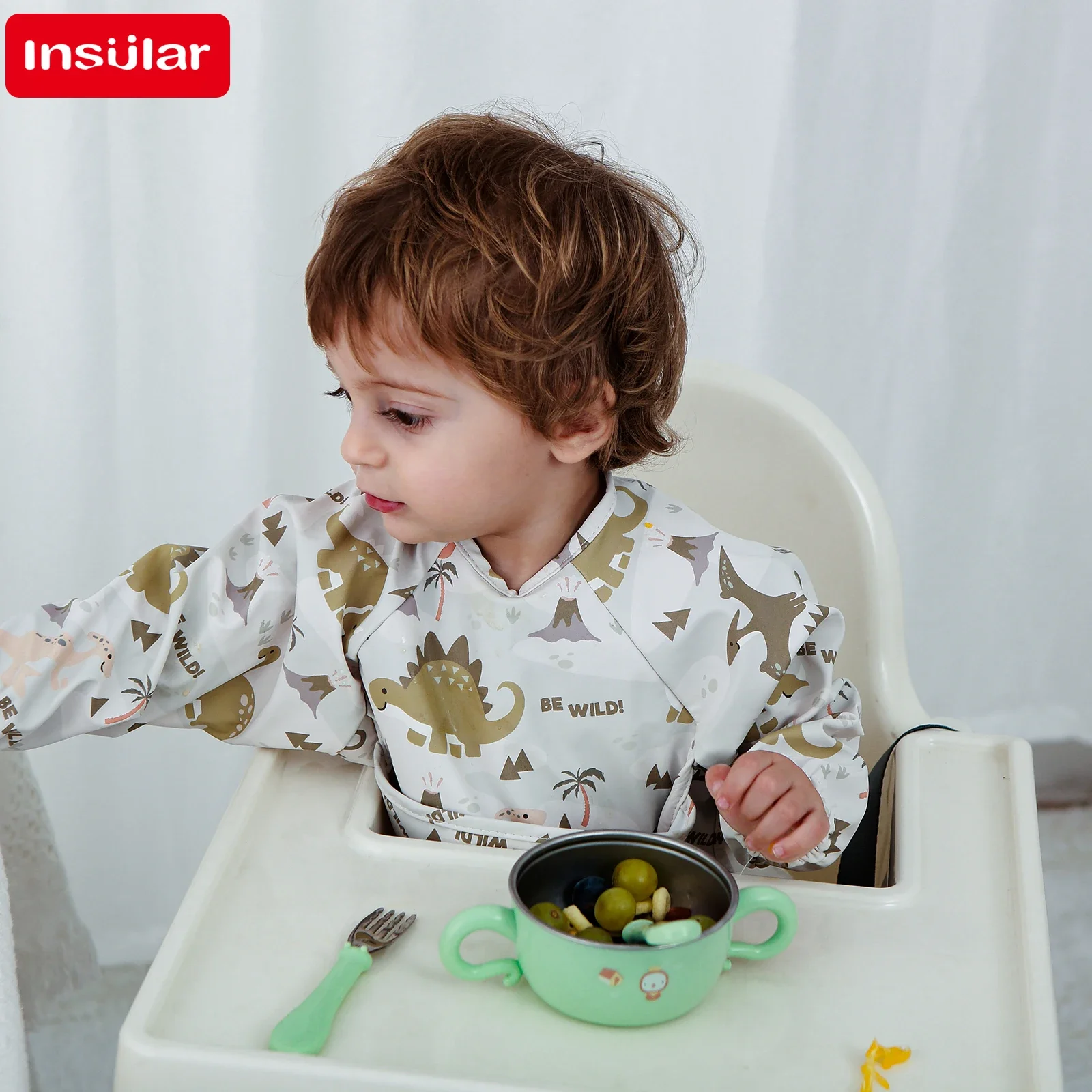 INSULAR Danish Style Long Sleeve Baby Bib Cartoon Pattern Super Soft Waterproof Anti‑dirty Feeding Eating Cover for Kids