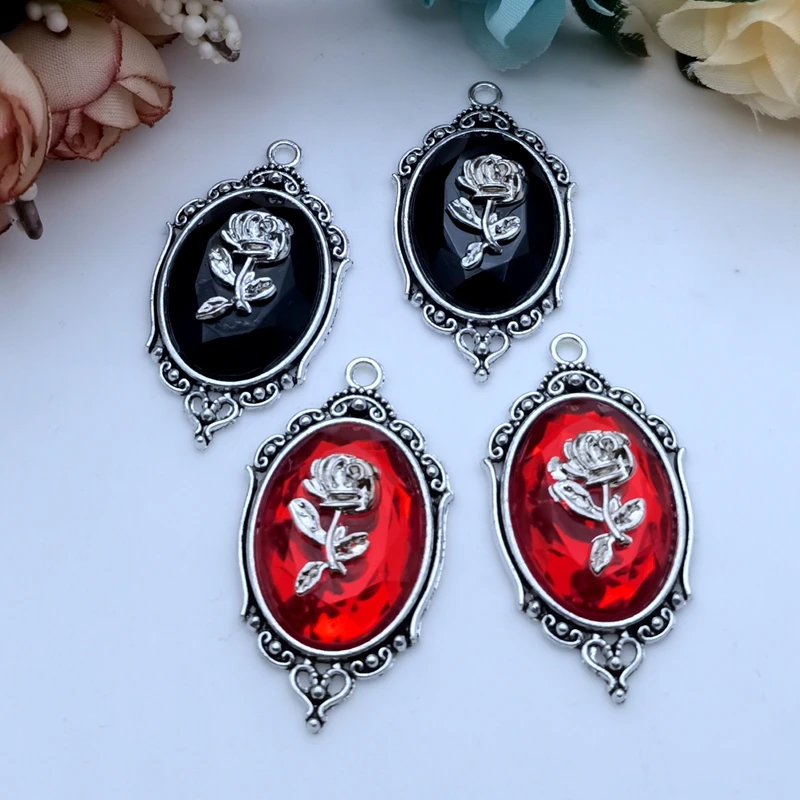 

5pcs 42*23mm Gothic Red and Black Crystal Rose with Frame Embossed Accessories DIY Crafts Making Charm Pendant Jewelry Making